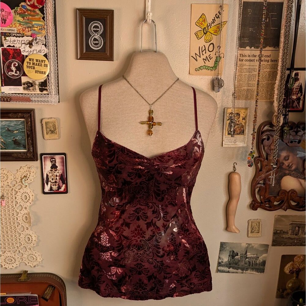 Vintage Velvet Floral Tank Top Women's Small Burgundy